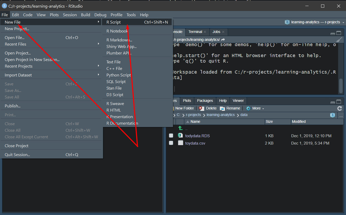 Fig. 1: Use the File>New File>R Script menu commands to create a new R script (or use CTR+SHIFT+N to the same effect)